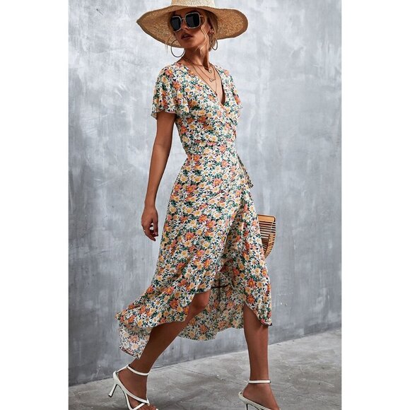Beach Boho Maui - Floral Surplice Neck Tied Midi Dress - Orange Floral - Picture 3 of 4